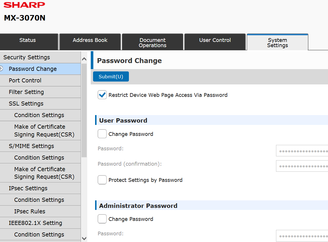 Restrict Sharp copier web interface with password