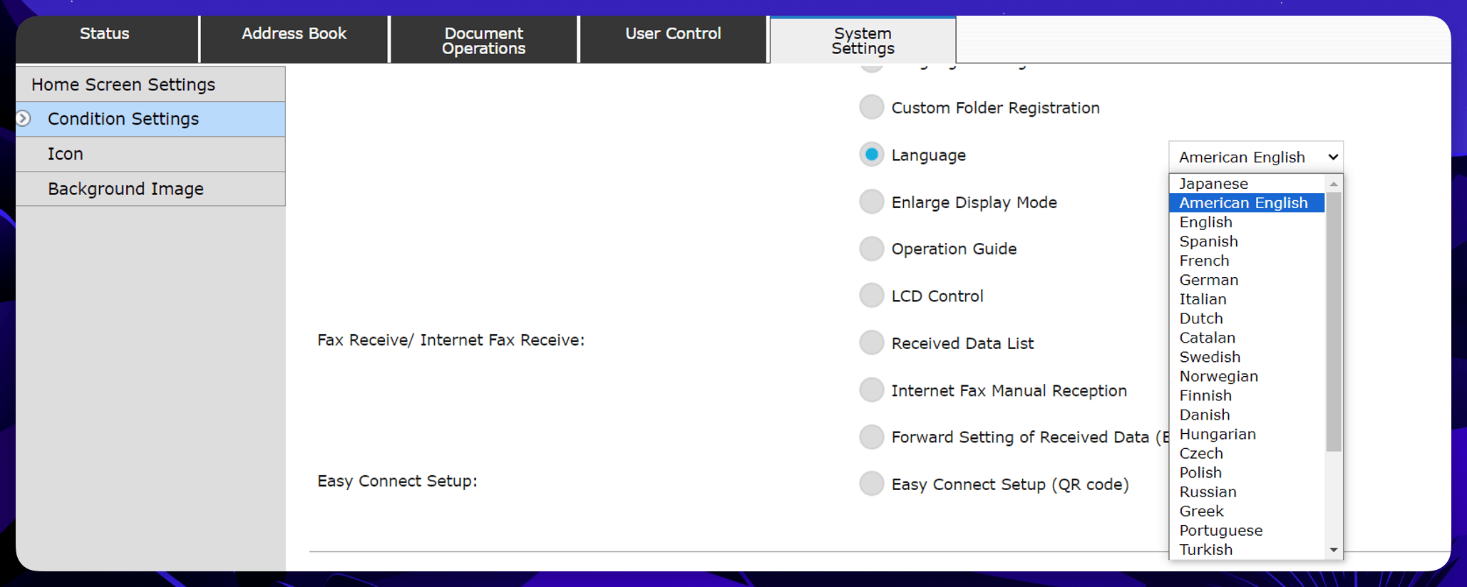 Sharp copier language selection screen
