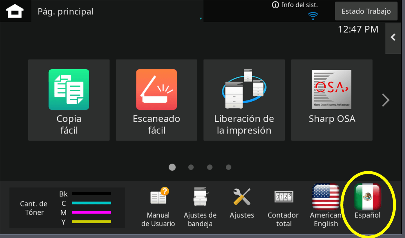 Sharp español language selection button
